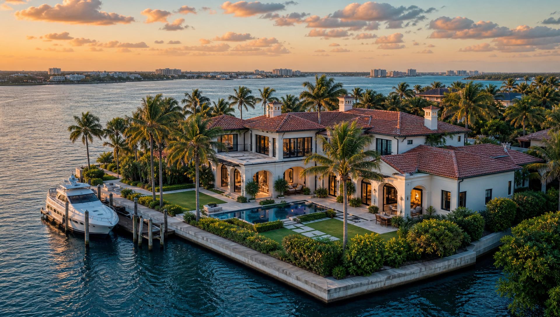 Aerial view of a Boca Raton waterfront estate at golden hour