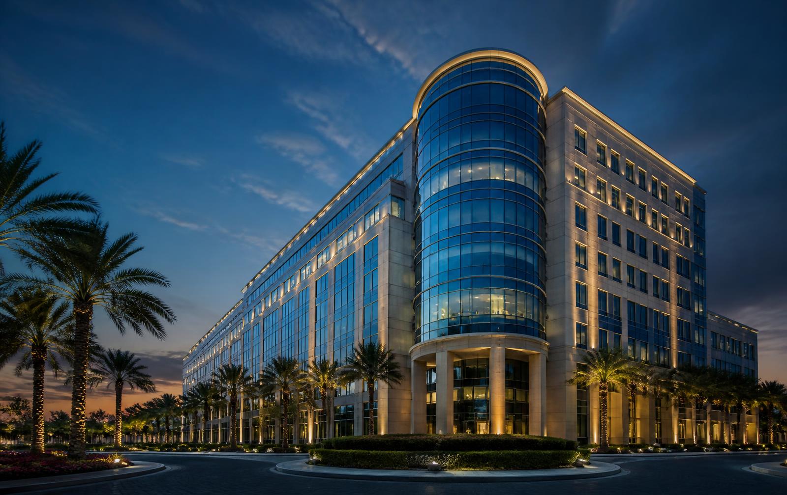 Contemporary Class A office architecture in Boca Raton at dusk